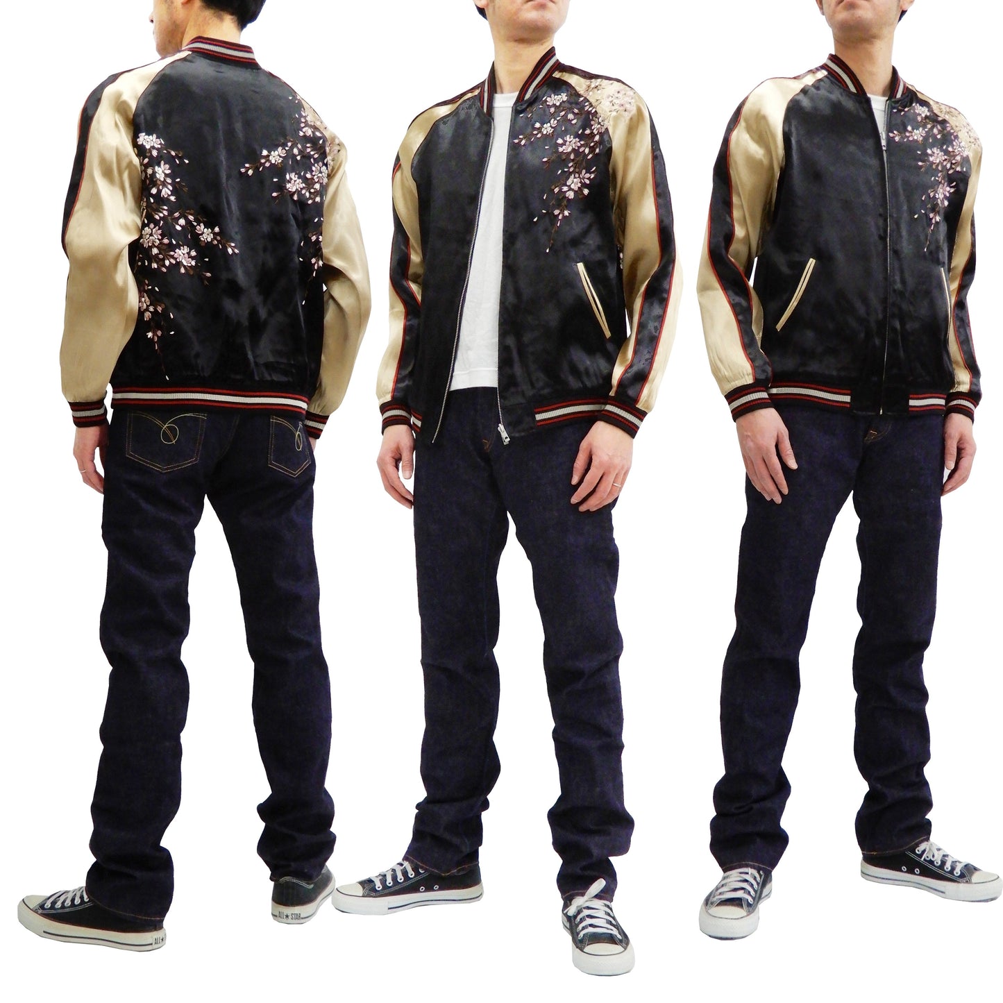 Japanesque Men's Japanese Souvenir Jacket Weeping Cherry Sukajan 3RSJ-038 Black/Beige