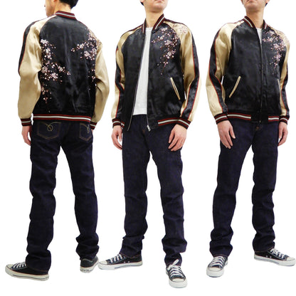 Japanesque Men's Japanese Souvenir Jacket Weeping Cherry Sukajan 3RSJ-038 Black/Beige