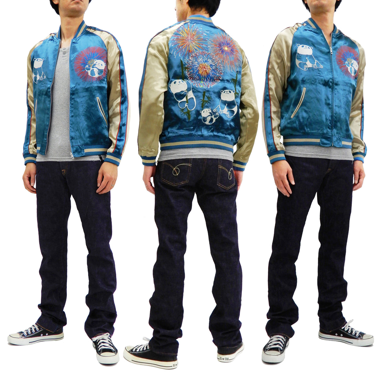 Japanesque Men's Japanese Souvenir Jacket Panda and Fireworks Sukajan 3RSJ-039 Blue/Beige
