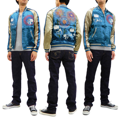 Japanesque Men's Japanese Souvenir Jacket Panda and Fireworks Sukajan 3RSJ-039 Blue/Beige