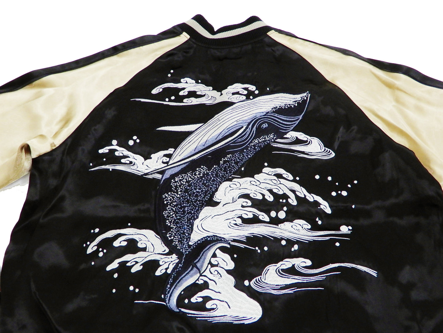 Japanesque Men's Japanese Souvenir Jacket Whale Breach Sukajan 3RSJ-041 Black/Beige
