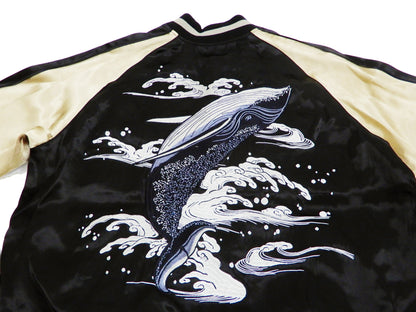 Japanesque Men's Japanese Souvenir Jacket Whale Breach Sukajan 3RSJ-041 Black/Beige