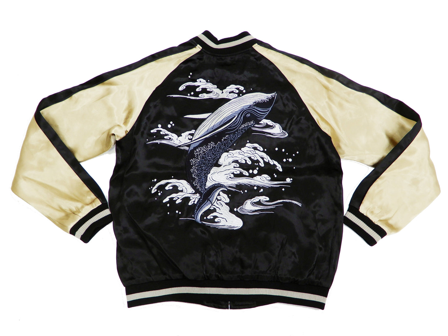 Japanesque Men's Japanese Souvenir Jacket Whale Breach Sukajan 3RSJ-041 Black/Beige