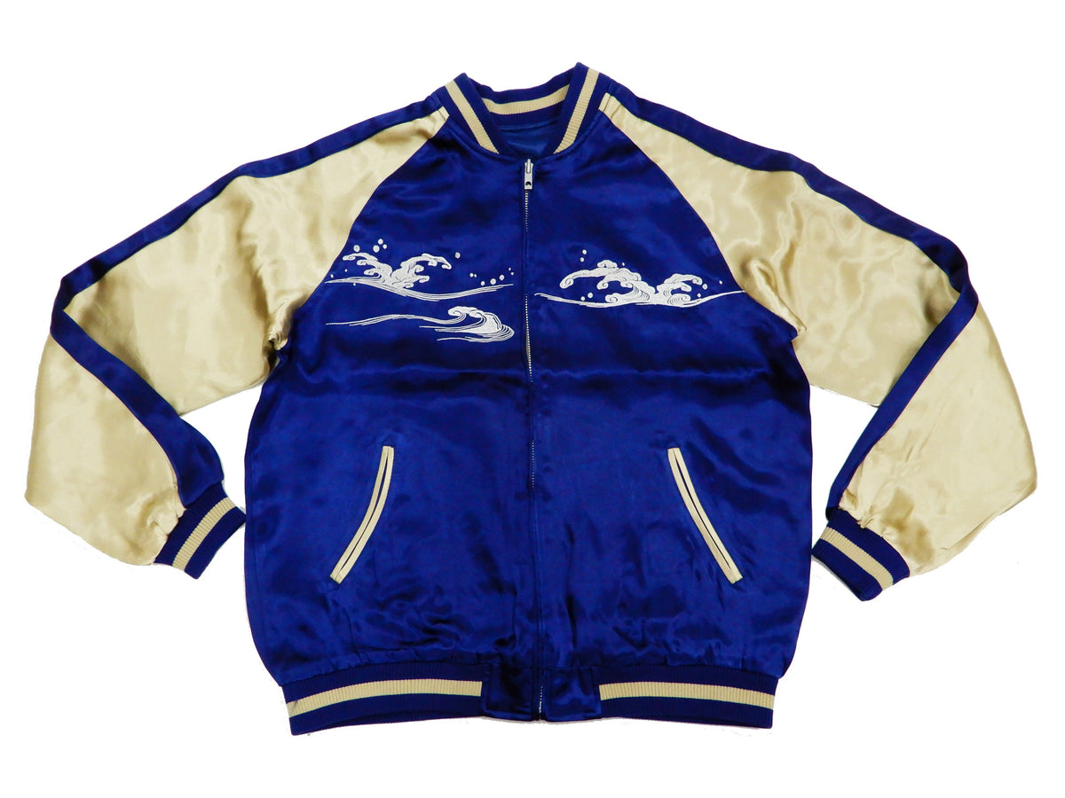 Japanesque Men's Japanese Souvenir Jacket Whale Breach Sukajan 3RSJ-041 Navy-Blue/Beige