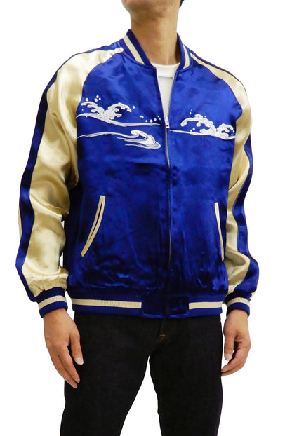 Japanesque Men's Japanese Souvenir Jacket Whale Breach Sukajan 3RSJ-041 Navy-Blue/Beige