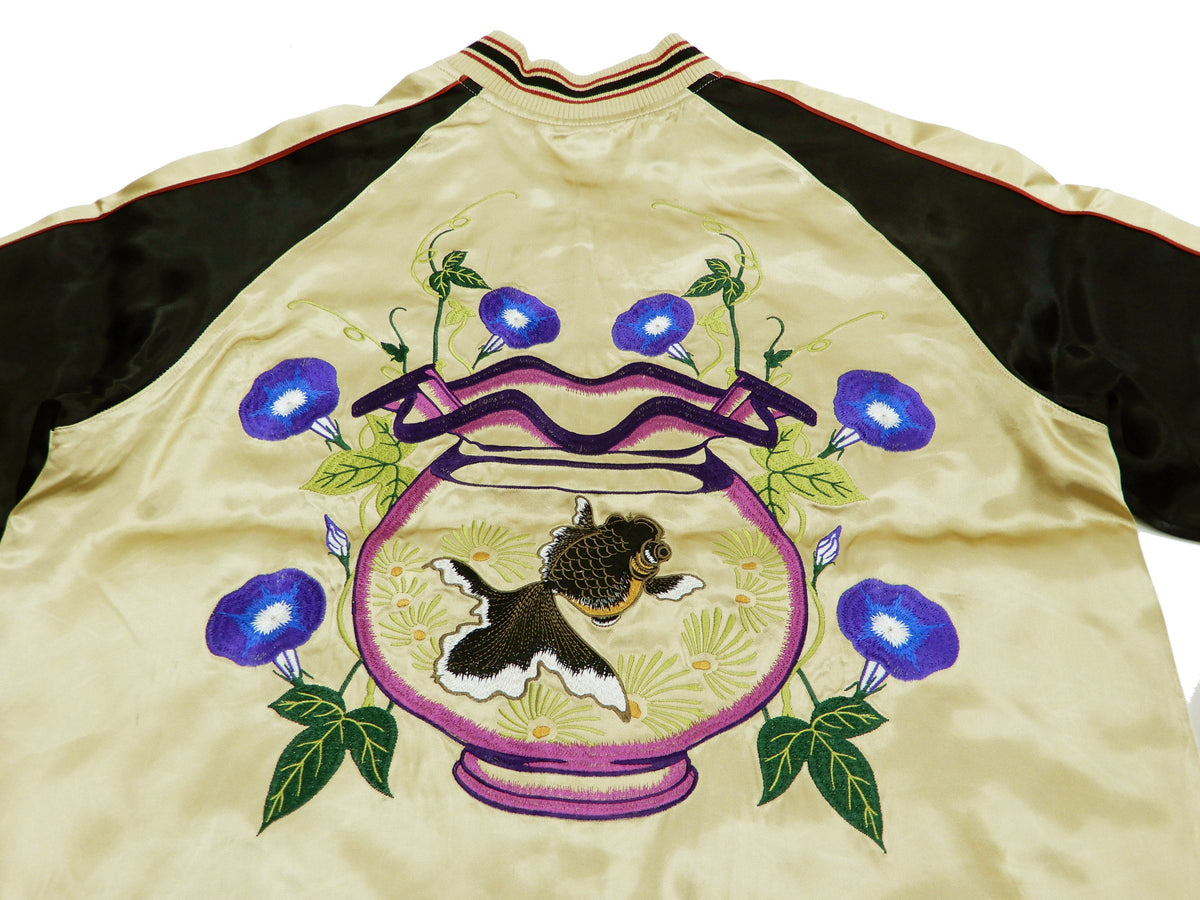 Japanesque Mens Japanese Souvenir Jacket Goldfish Bowl Sukajan 3RSJ-045 Beige/Black