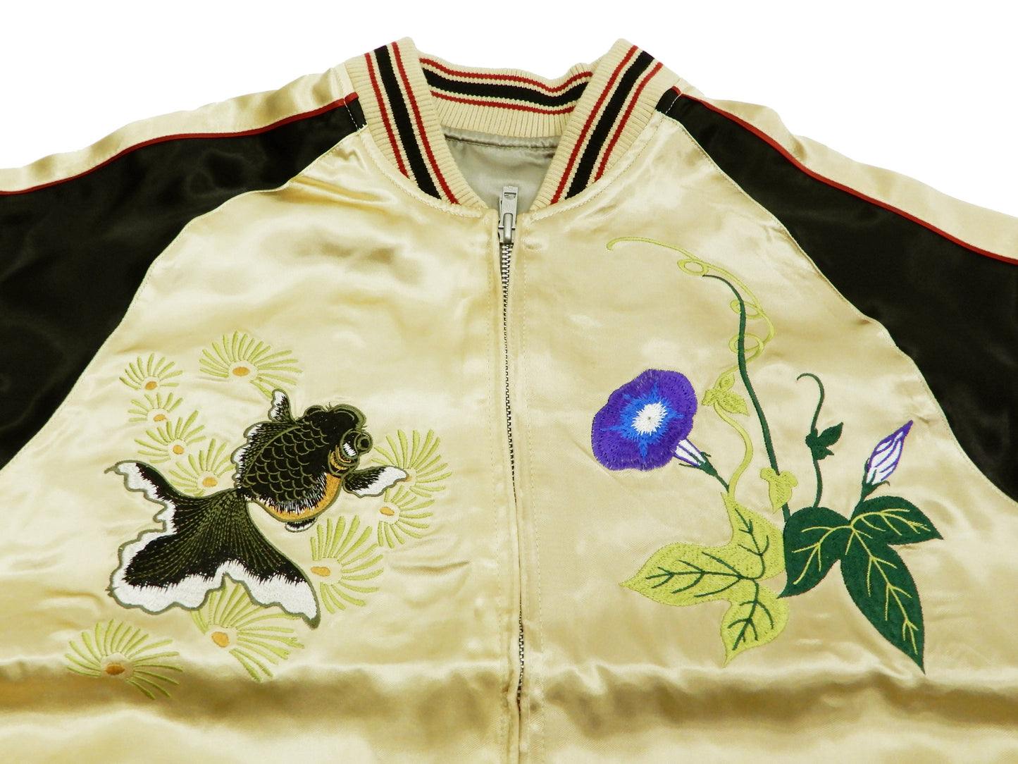 Japanesque Mens Japanese Souvenir Jacket Goldfish Bowl Sukajan 3RSJ-045 Beige/Black