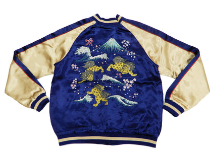 Japanesque Men's Japanese Souvenir Jacket Komainu Embroidered Sukajan 3RSJ-046 Navy-Blue/Beige