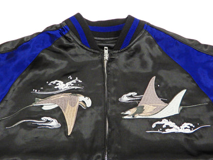 Japanesque Men's Japanese Souvenir Jacket Manta Ray Sukajan 3RSJ-048 BlacK/Navy-Blue