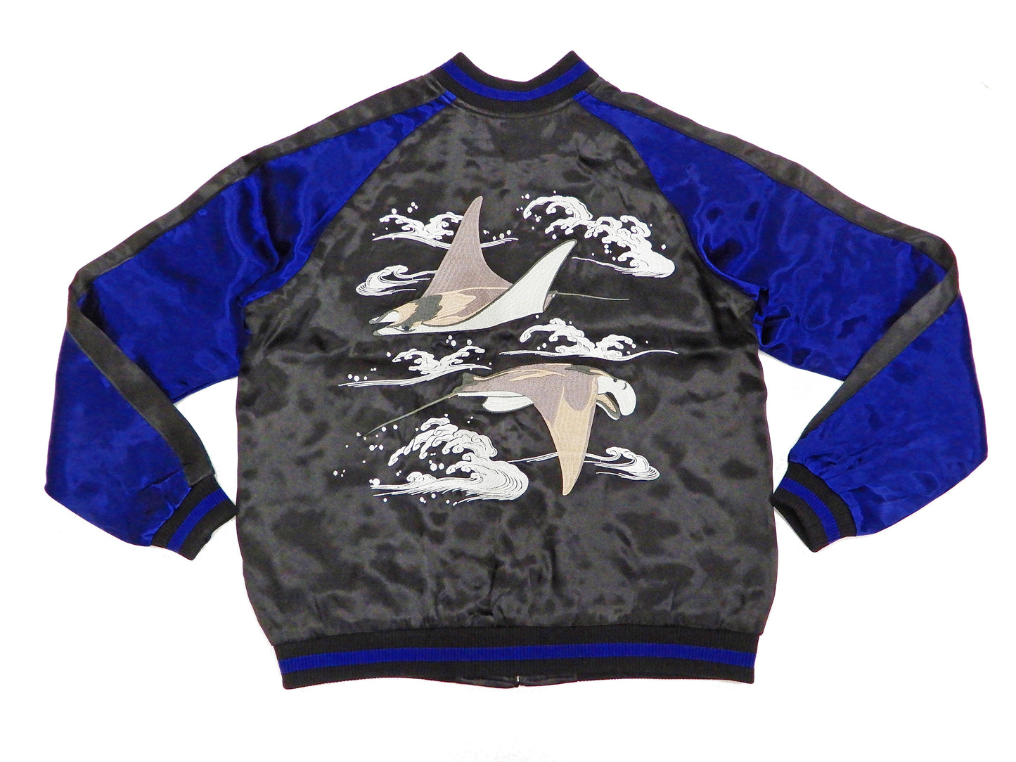 Japanesque Men's Japanese Souvenir Jacket Manta Ray Sukajan 3RSJ-048 BlacK/Navy-Blue