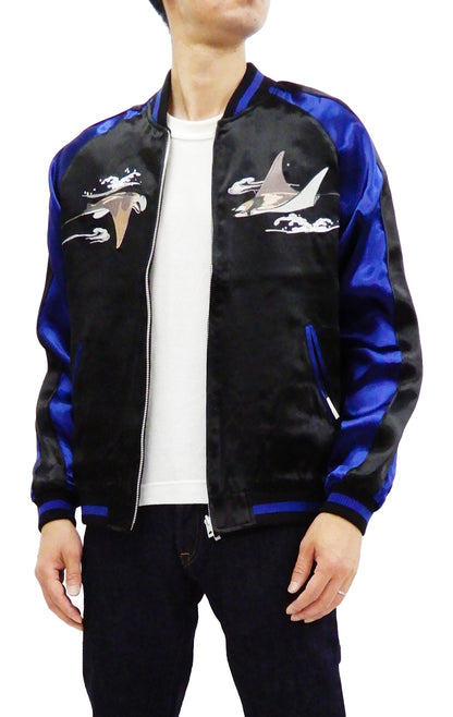 Japanesque Men's Japanese Souvenir Jacket Manta Ray Sukajan 3RSJ-048 BlacK/Navy-Blue