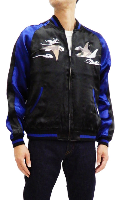 Japanesque Men's Japanese Souvenir Jacket Manta Ray Sukajan 3RSJ-048 BlacK/Navy-Blue