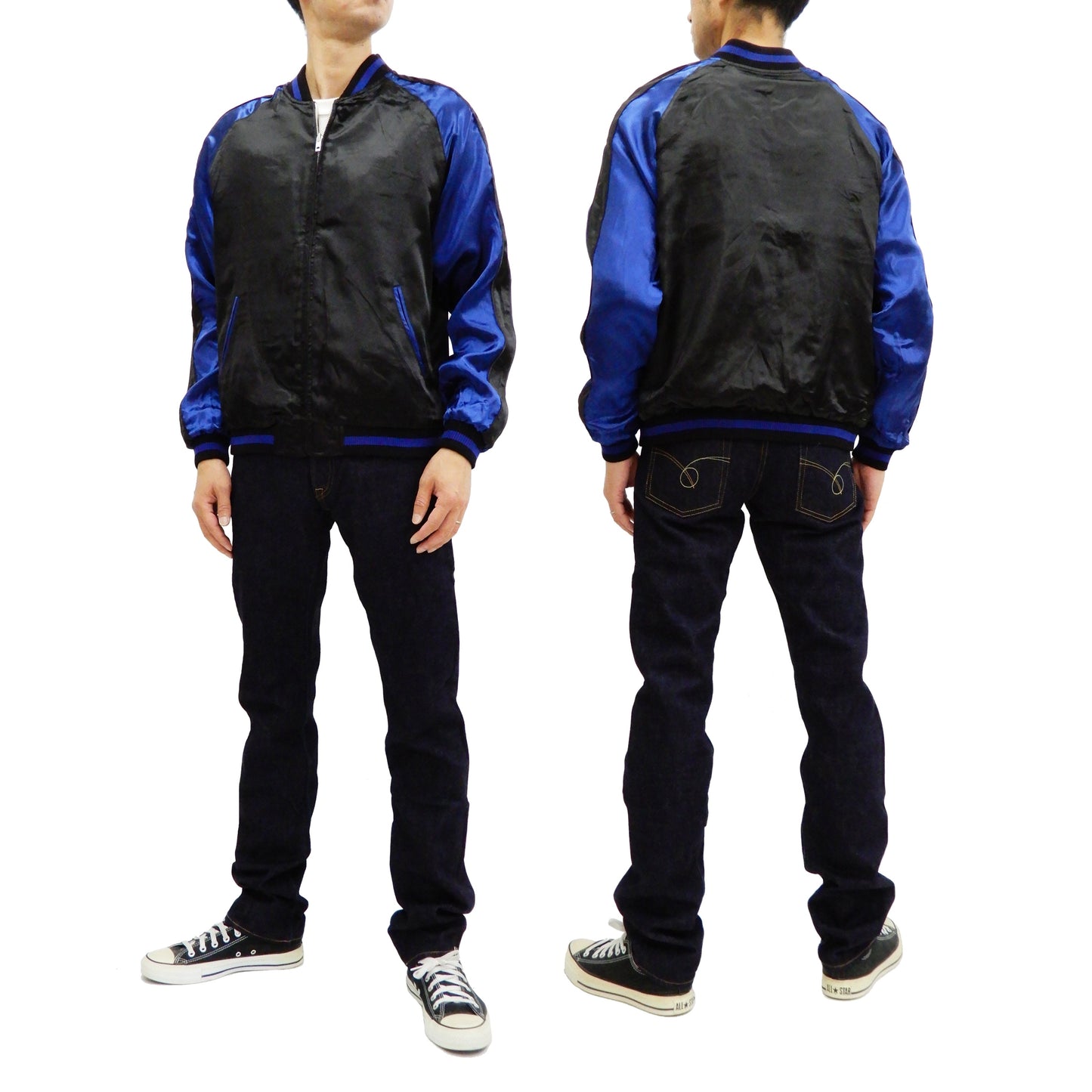 Japanesque Men's Japanese Souvenir Jacket Manta Ray Sukajan 3RSJ-048 BlacK/Navy-Blue