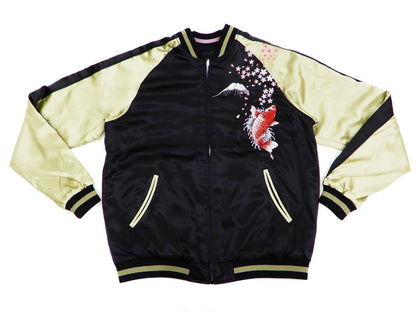 Japanesque Men's Japanese Souvenir Jacket Koi Fish and Fuujin Sukajan 3RSJ-504 Black