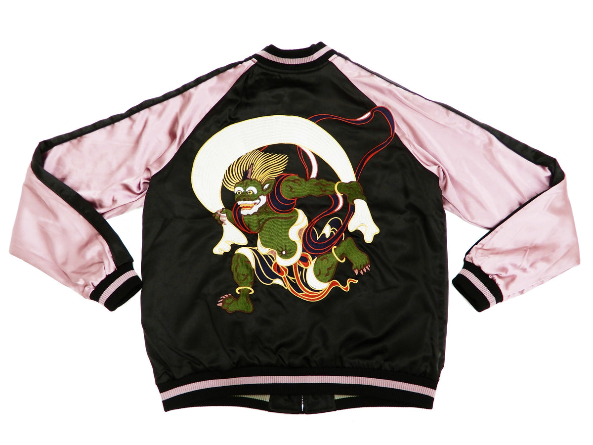 Japanesque Men's Japanese Souvenir Jacket Koi Fish and Fuujin Sukajan 3RSJ-504 Black