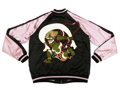 Japanesque Men's Japanese Souvenir Jacket Koi Fish and Fuujin Sukajan 3RSJ-504 Black