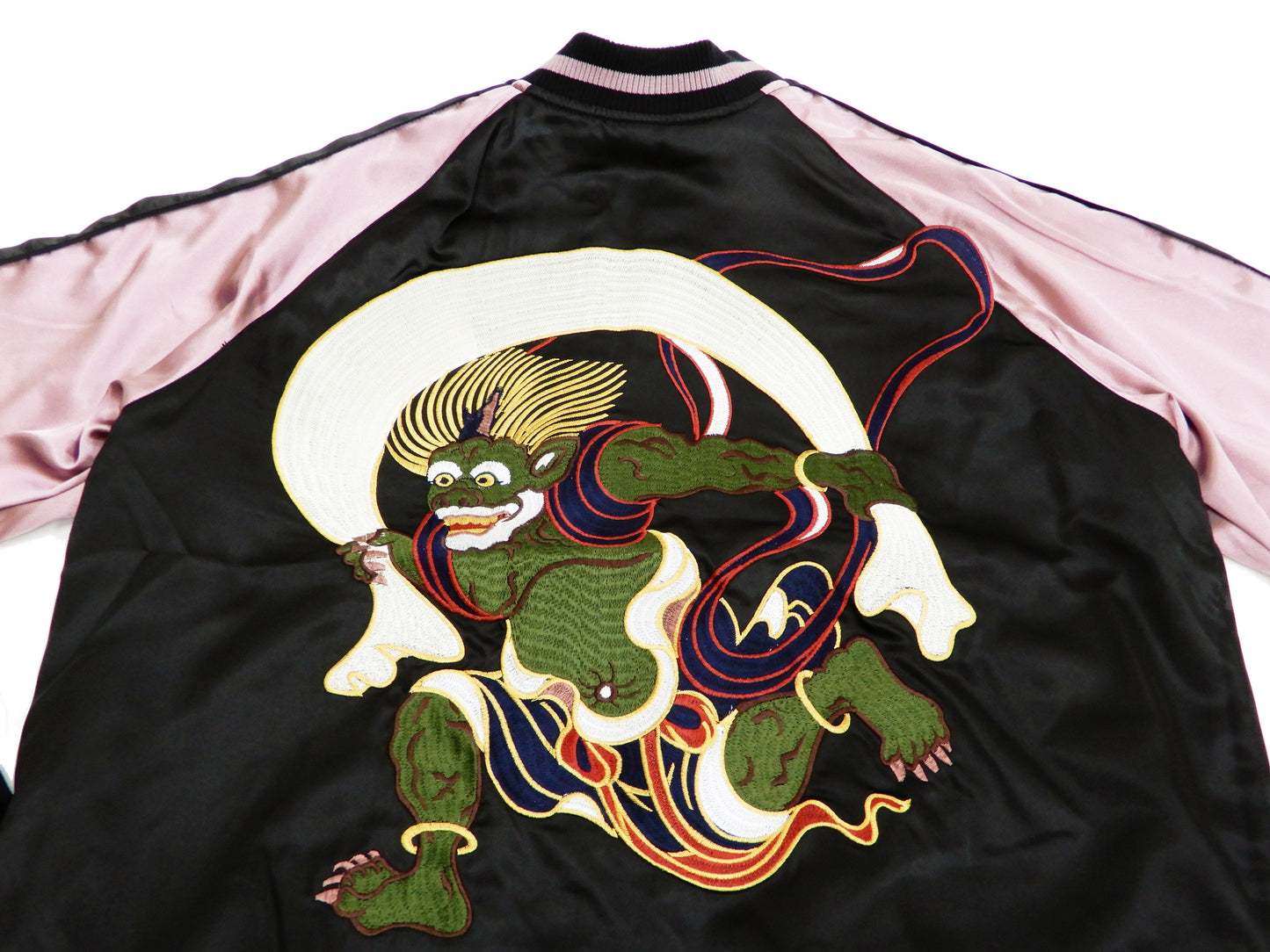 Japanesque Men's Japanese Souvenir Jacket Koi Fish and Fuujin Sukajan 3RSJ-504 Black