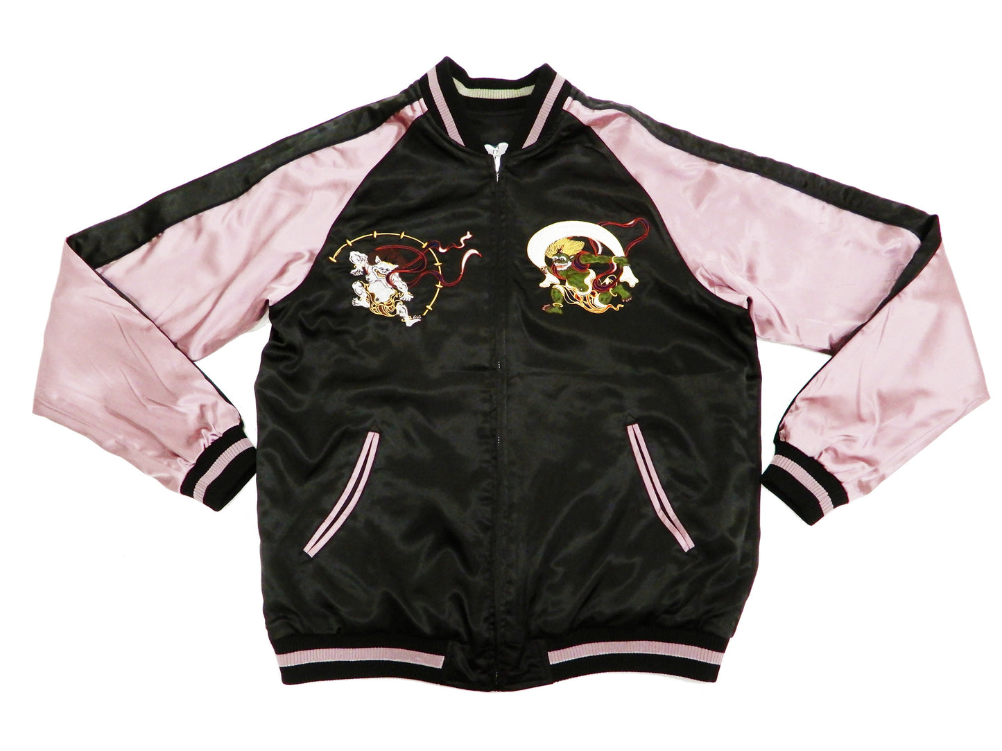 Japanesque Men's Japanese Souvenir Jacket Koi Fish and Fuujin Sukajan 3RSJ-504 Black