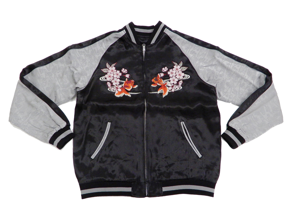 Japanesque Men's Japanese Souvenir Jacket Goldfish Embroidery Sukajan 3RSJ-702 Black/Gray