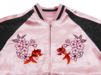 Japanesque Men's Japanese Souvenir Jacket Goldfish Embroidery Sukajan 3RSJ-702 Pink/Black
