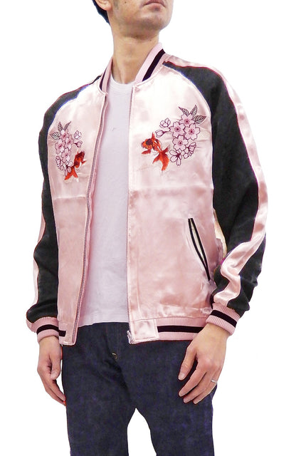 Japanesque Men's Japanese Souvenir Jacket Goldfish Embroidery Sukajan 3RSJ-702 Pink/Black
