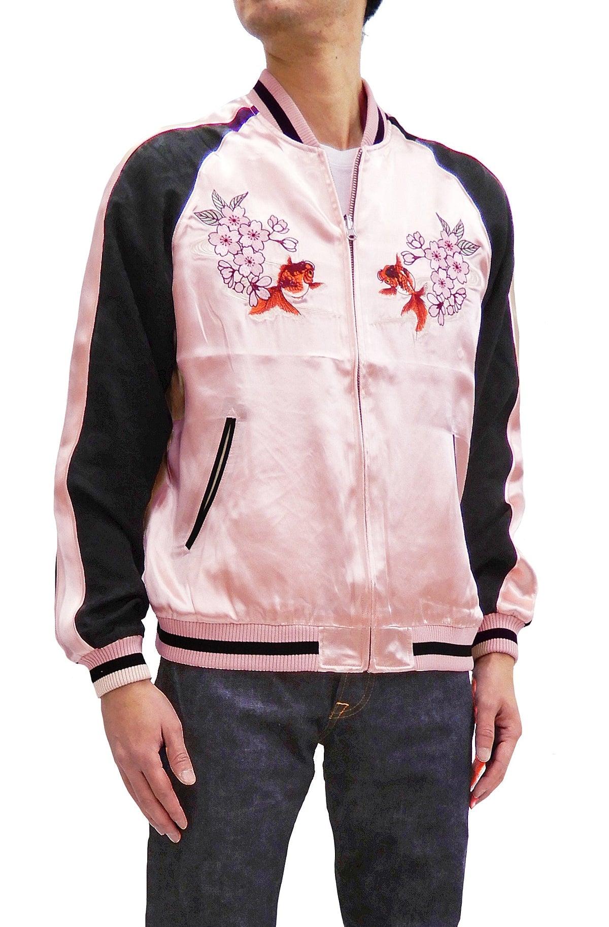 Japanesque Men's Japanese Souvenir Jacket Goldfish Embroidery Sukajan 3RSJ-702 Pink/Black