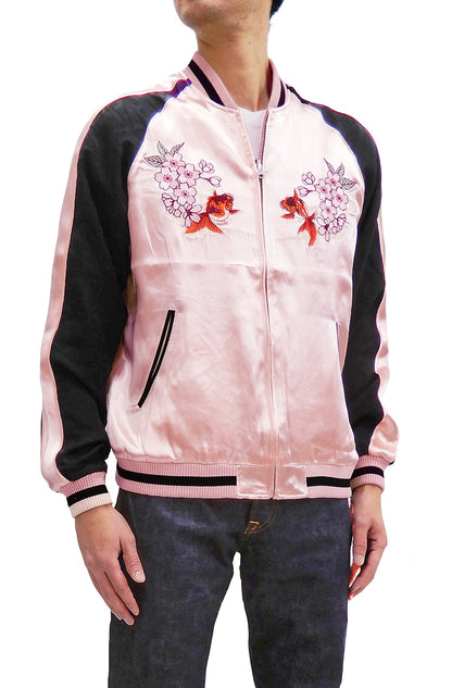 Japanesque Men's Japanese Souvenir Jacket Goldfish Embroidery Sukajan 3RSJ-702 Pink/Black