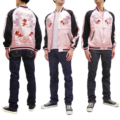 Japanesque Men's Japanese Souvenir Jacket Goldfish Embroidery Sukajan 3RSJ-702 Pink/Black