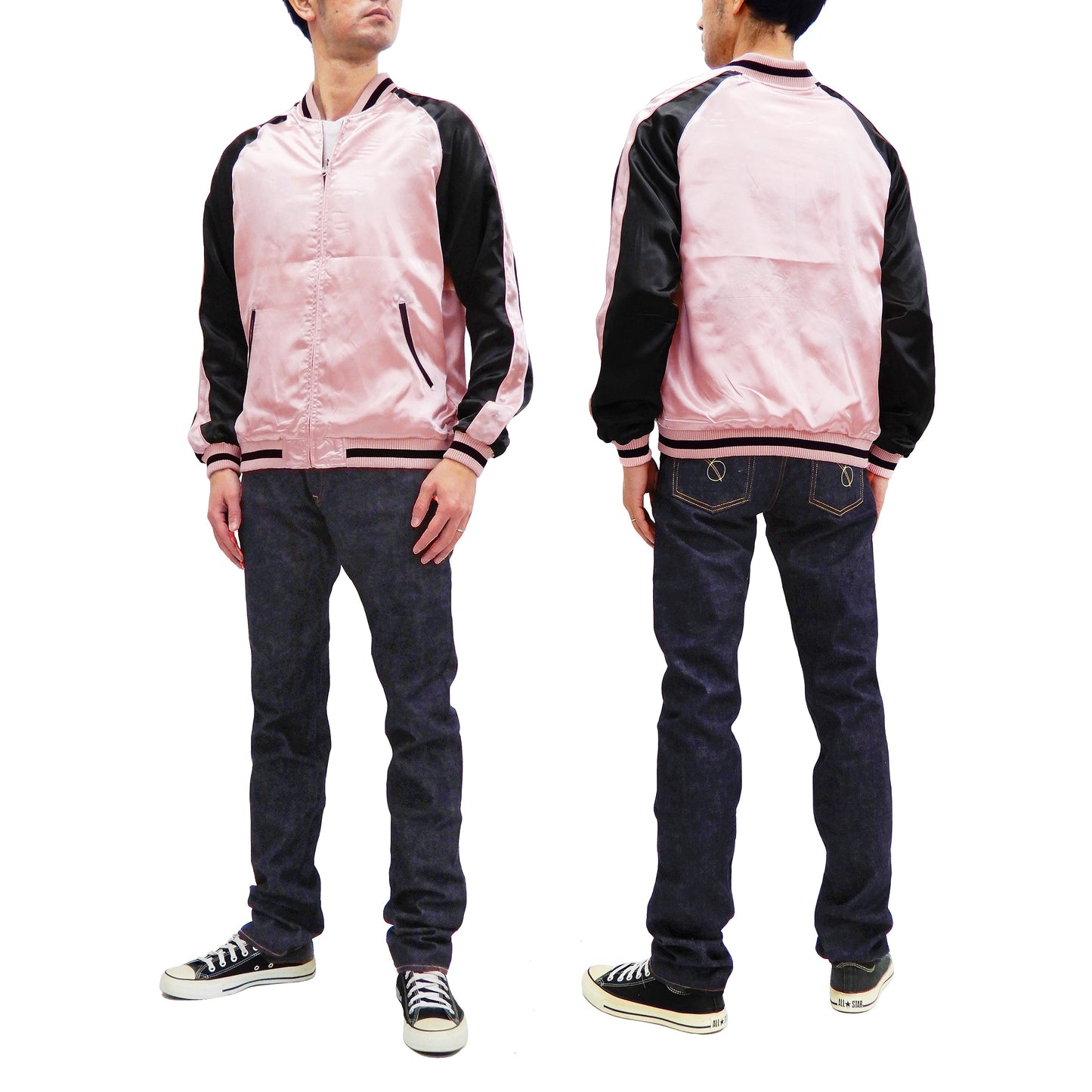 Japanesque Men's Japanese Souvenir Jacket Goldfish Embroidery Sukajan 3RSJ-702 Pink/Black