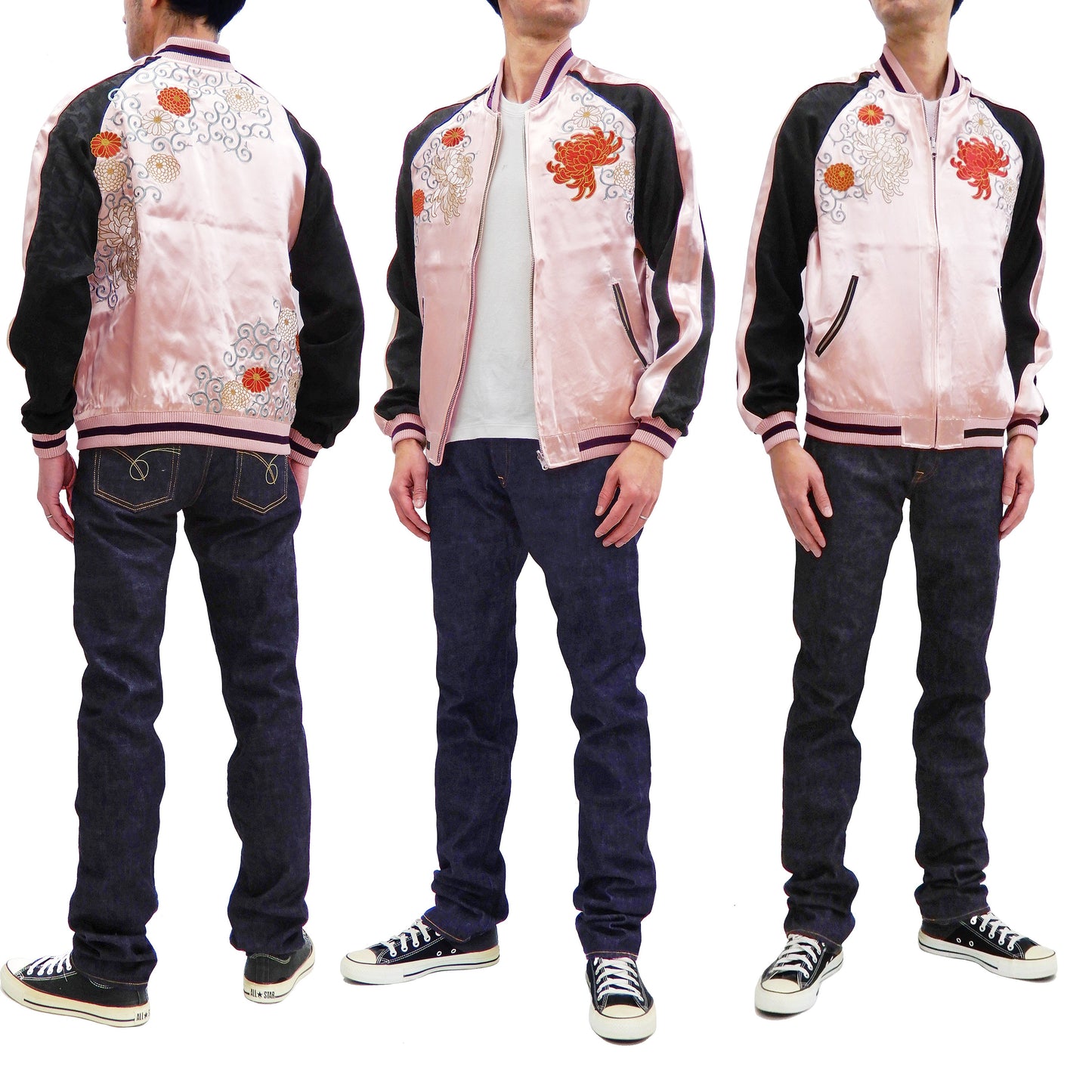 Japanesque Men's Japanese Souvenir Jacket Chrysanthemum Sukajan 3RSJ-703 Pink/Black