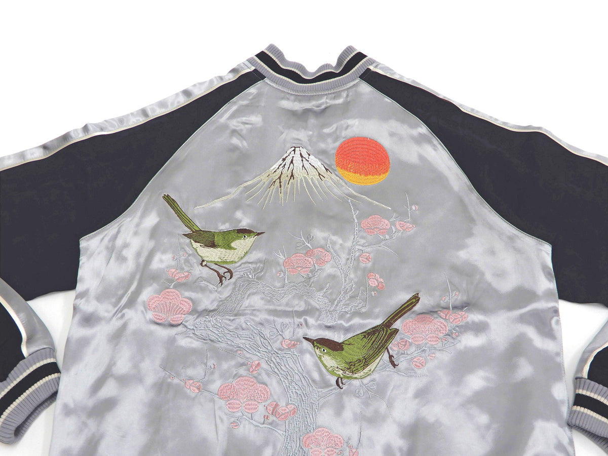 Japanesque Sukajan Men's Japanese Souvenir Jacket Japanese Bush Warbler 3RSJ-751 Gray/Black