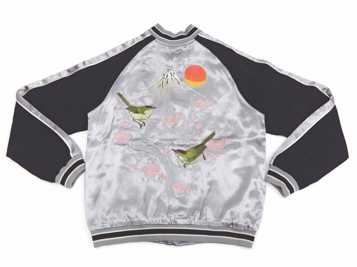 Japanesque Sukajan Men's Japanese Souvenir Jacket Japanese Bush Warbler 3RSJ-751 Gray/Black