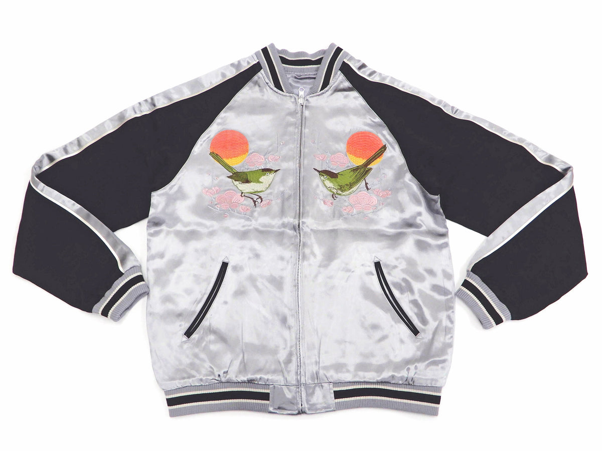 Japanesque Sukajan Men's Japanese Souvenir Jacket Japanese Bush Warbler 3RSJ-751 Gray/Black