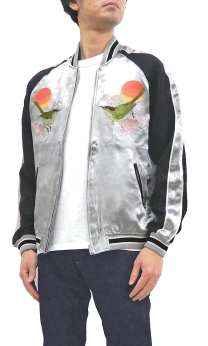 Japanesque Sukajan Men's Japanese Souvenir Jacket Japanese Bush Warbler 3RSJ-751 Gray/Black