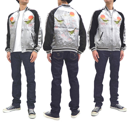 Japanesque Sukajan Men's Japanese Souvenir Jacket Japanese Bush Warbler 3RSJ-751 Gray/Black