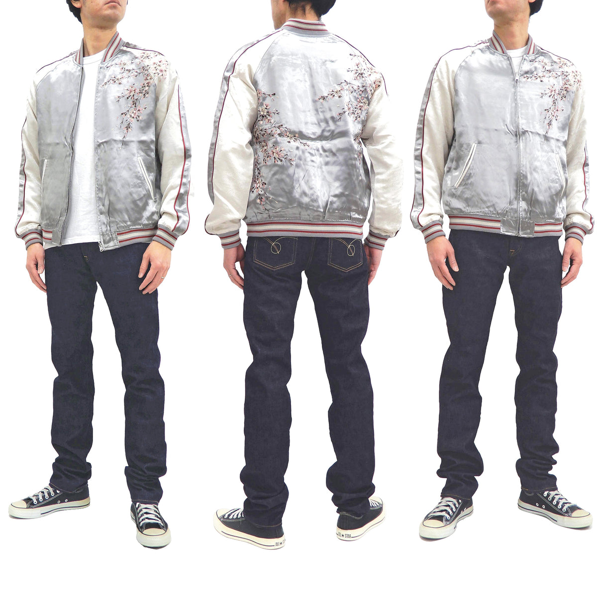 Japanesque Sukajan Jacket Men's Japanese Souvenir Jacket Weeping Cherry 3RSJ-753 Gray/Off