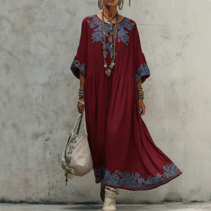 Women's Printed Batwing Sleeve Midi Dress – Loose Fit Linen Blend
