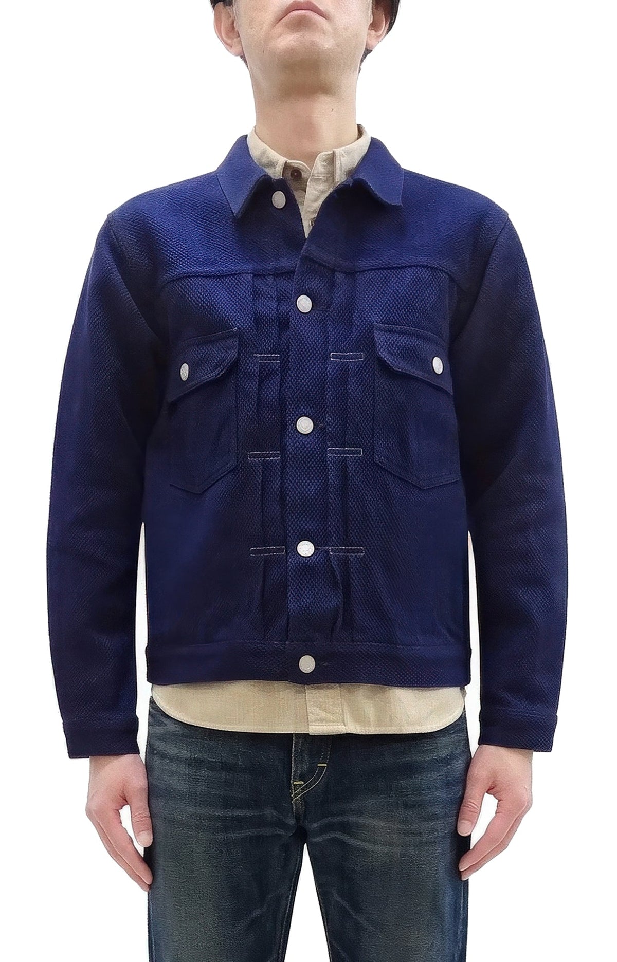 Studio D'artisan Men's 14 oz Selvedge Sashiko Jacket - Type II Style - Deep Indigo One Wash - Made in Japan (SDA 4619)