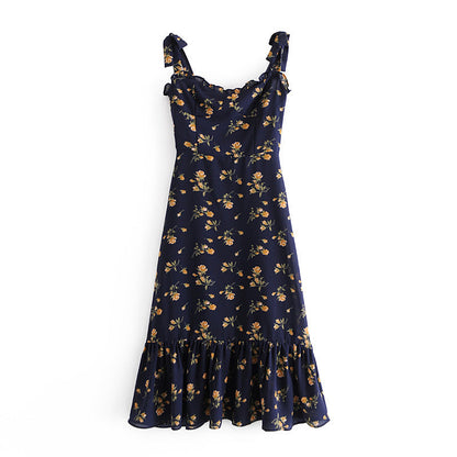 NEW  SPRING PRETTY DARK BLUE Floral PRINT SHOULDER STRAP Slim Dress FOR WOMEN