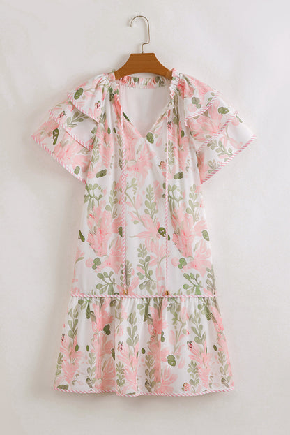 Pink Floral Contrast Edge Ruffle Sleeve Tie Neck Mini Dress