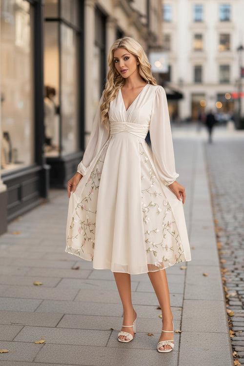 Floral Long Sleeve V-Neck Pleated Midi Dress – High Waist Flared Hem