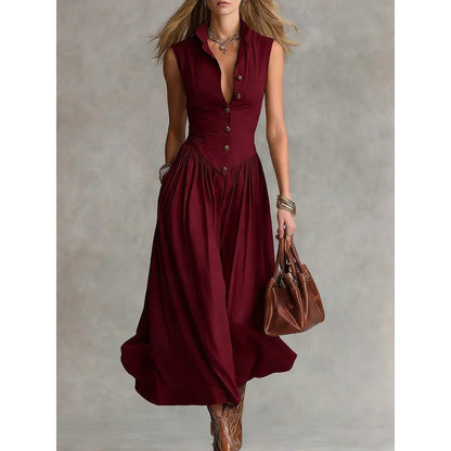 Women's Sleeveless Lapel Collar Maxi Dress – Slim Fit Patchwork