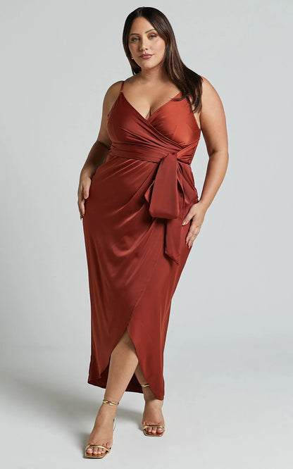 How Will I Know Midi Dress - Wrap Waist Tie Tulip Hem Dress in Copper