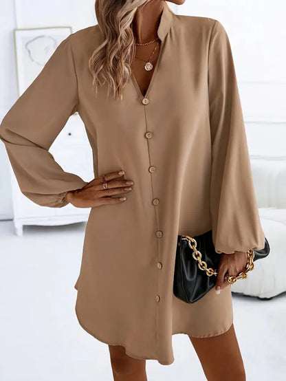 Women's V-Neck Long Sleeve Single-Breasted A-Line Dress