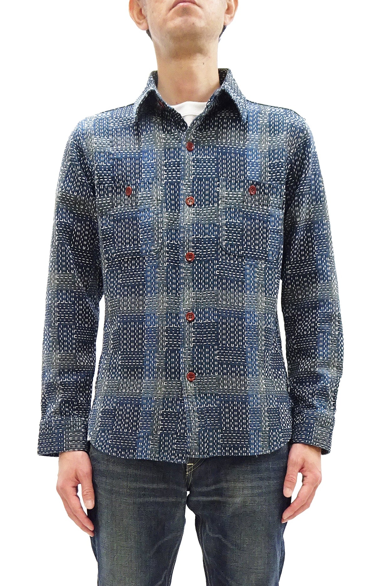 Studio D'Artisan Men's Heavyweight Jacquard Work Shirt, Sashiko Stitch Boro/Noragi-Inspired Slub Plaid, 100% Cotton, Made in Japan (SDA 5651 Blue)