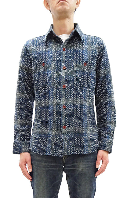 Studio D'Artisan Men's Heavyweight Jacquard Work Shirt, Sashiko Stitch Boro/Noragi-Inspired Slub Plaid, 100% Cotton, Made in Japan (SDA 5651 Blue)