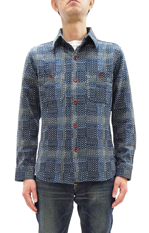 Studio D'Artisan Men's Heavyweight Jacquard Work Shirt, Sashiko Stitch Boro/Noragi-Inspired Slub Plaid, 100% Cotton, Made in Japan (SDA 5651 Blue)