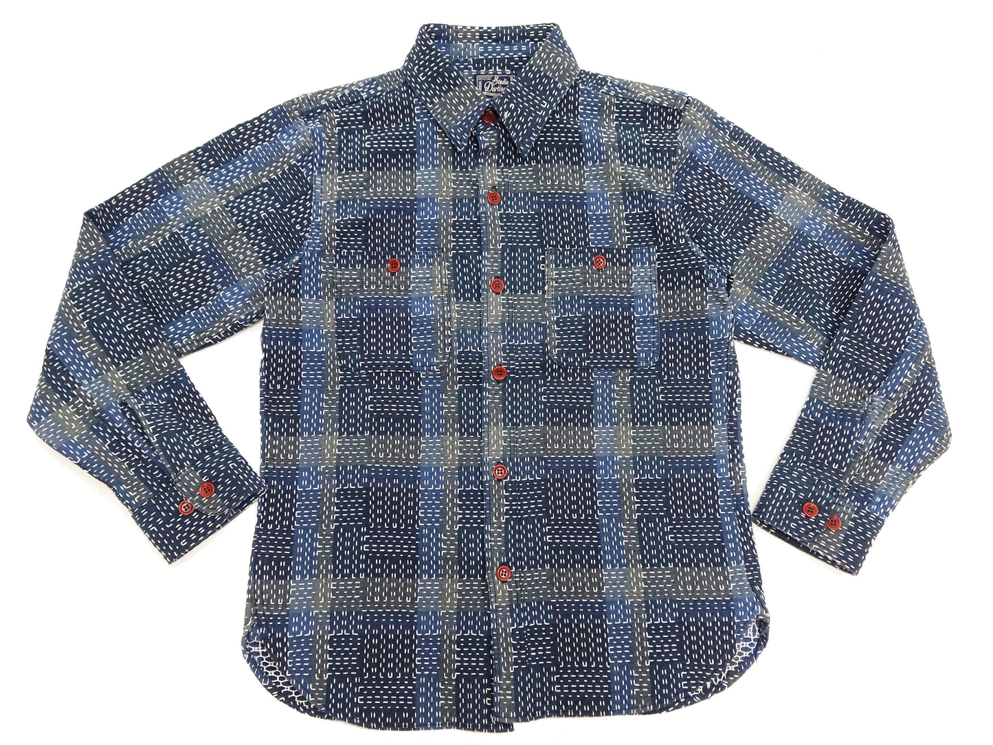Studio D'Artisan Men's Heavyweight Jacquard Work Shirt, Sashiko Stitch Boro/Noragi-Inspired Slub Plaid, 100% Cotton, Made in Japan (SDA 5651 Blue)