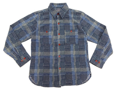 Studio D'Artisan Men's Heavyweight Jacquard Work Shirt, Sashiko Stitch Boro/Noragi-Inspired Slub Plaid, 100% Cotton, Made in Japan (SDA 5651 Blue)