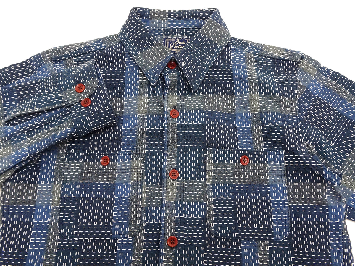 Studio D'Artisan Men's Heavyweight Jacquard Work Shirt, Sashiko Stitch Boro/Noragi-Inspired Slub Plaid, 100% Cotton, Made in Japan (SDA 5651 Blue)